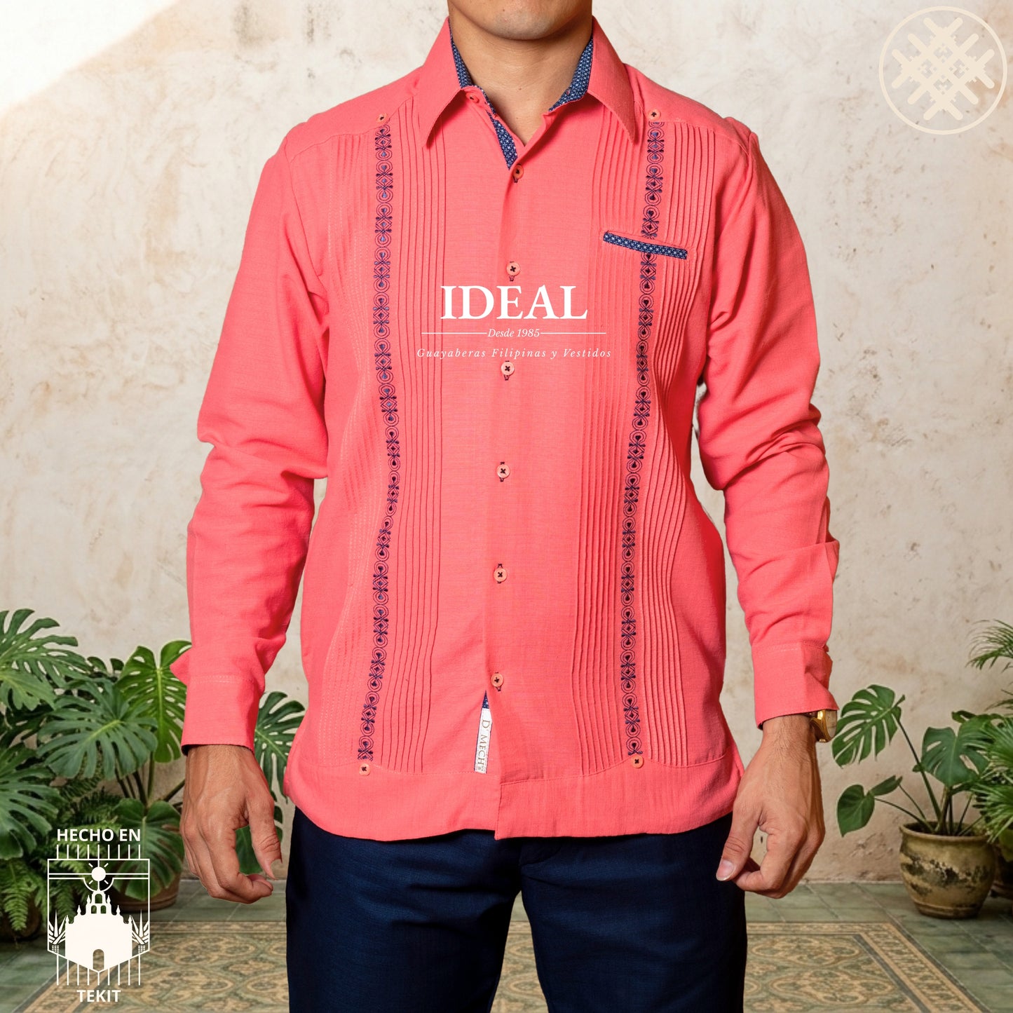 Men's Guayabera Coral Long Sleeve with Marine Embroidery