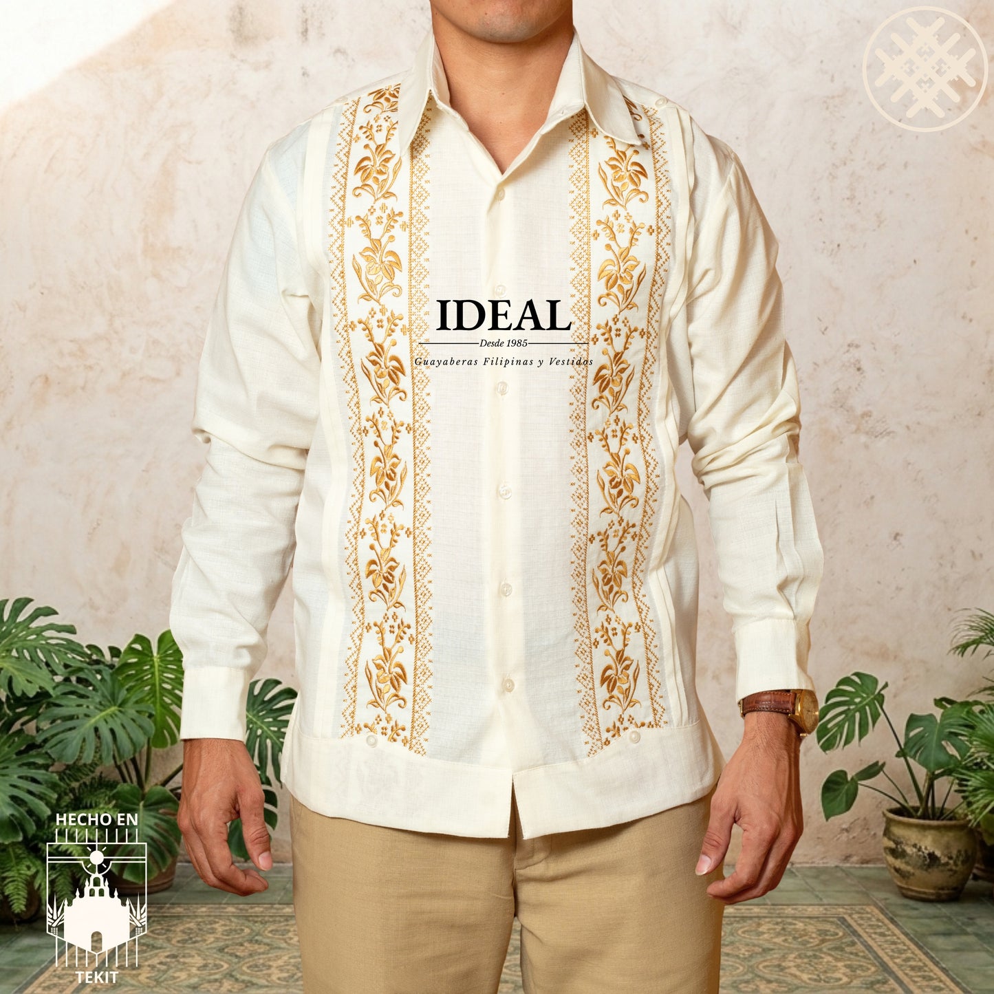 Men's Guayabera Bone Long Sleeve with Pumpkin Flower Embroidery