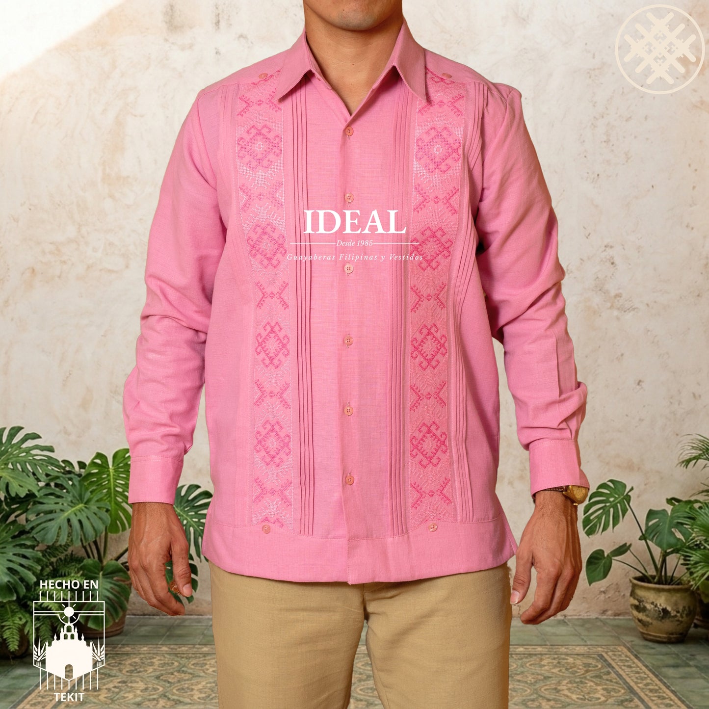 Men's Guayabera Rosewood Long Sleeve with Greca Jaiba Embroidery