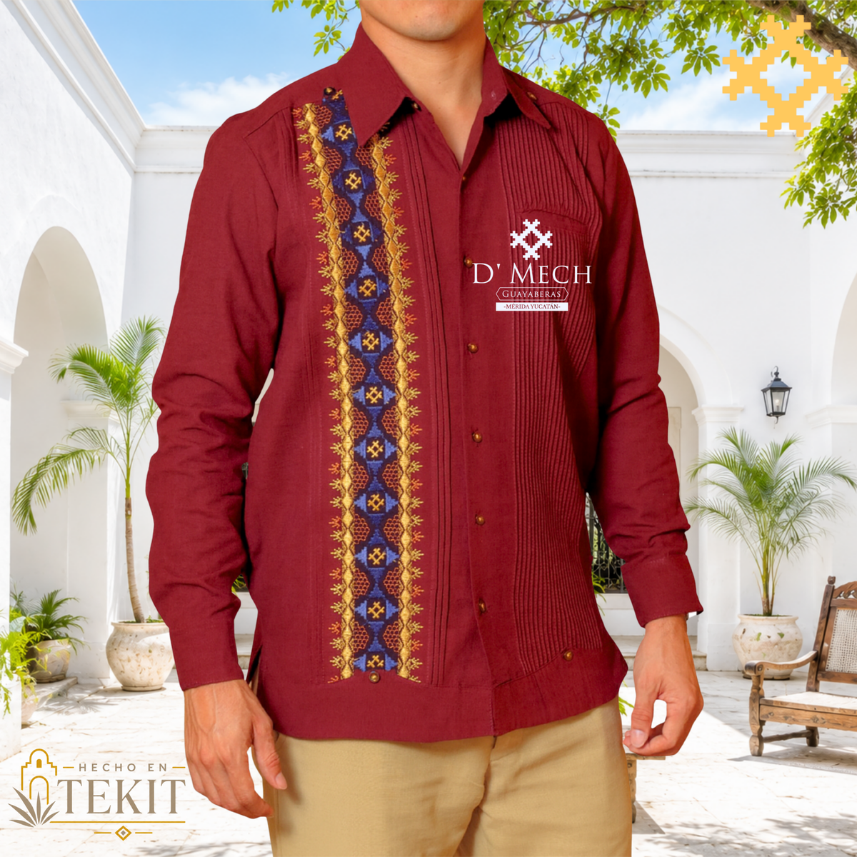 Black Men's Guayabera Long Sleeve with Pumpkin Flower Embroidery