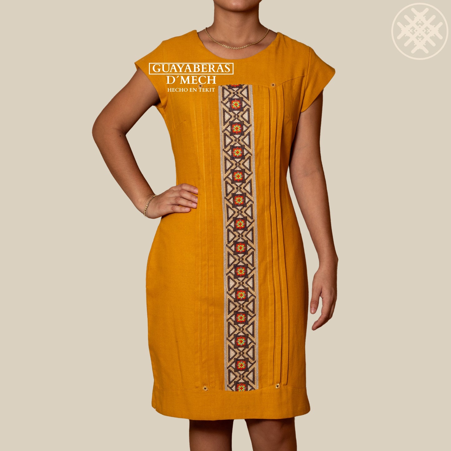 Vestido Bordado de Dama Uxmal, en Tela Lino Flame
