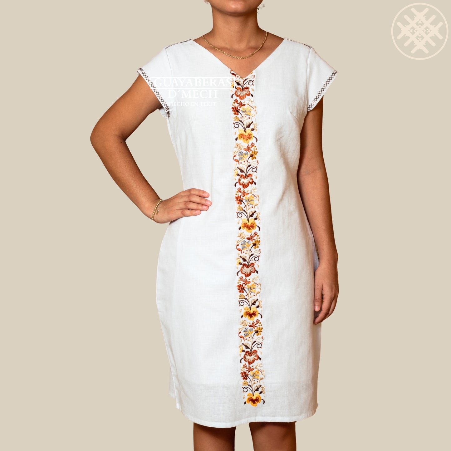 Vestido Bordado de Dama Colibrí Café en Tela Lino Flame