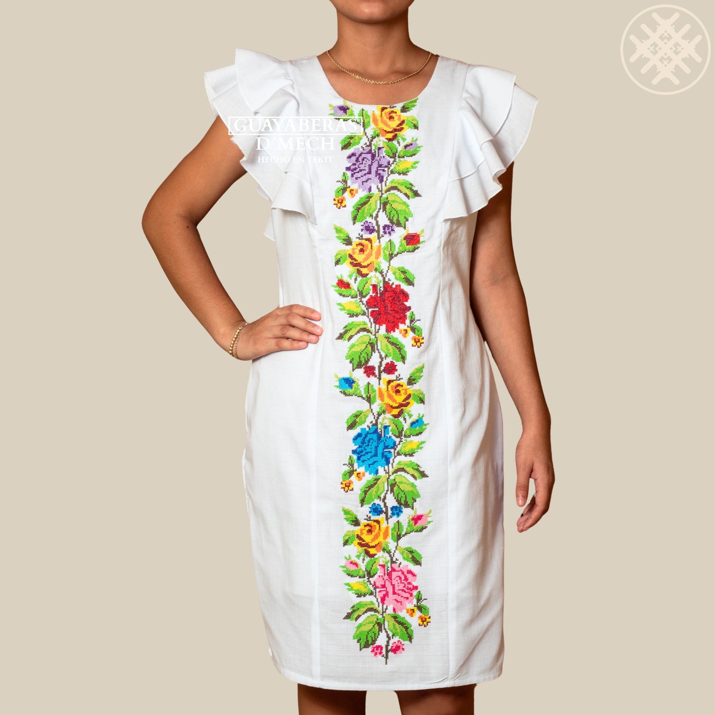 Vestido Bordado de Dama Primavera Bordado Rosas Matizado en Tela Lino Flame