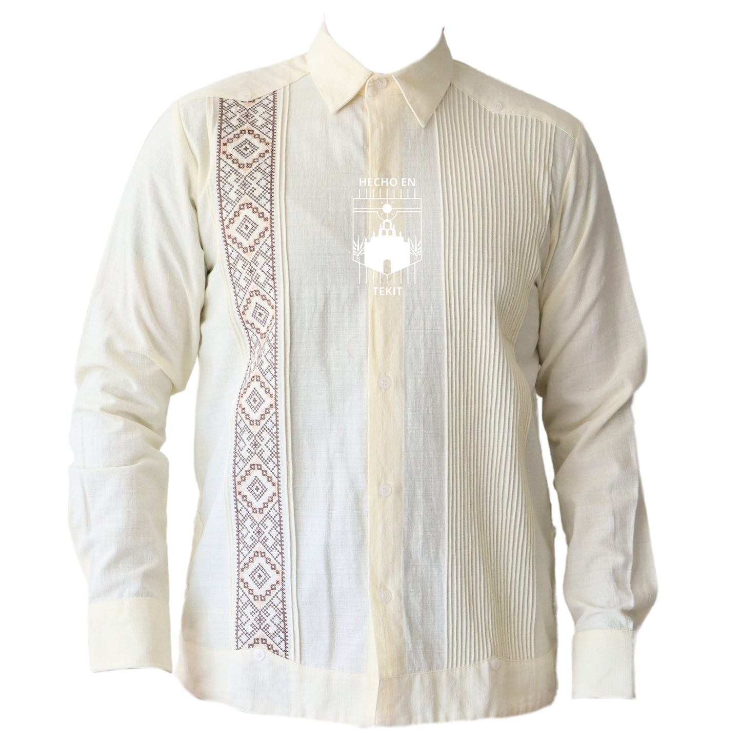 Guayabera Hueso Caballero Calderon Manga Larga Con Bordado Cafe