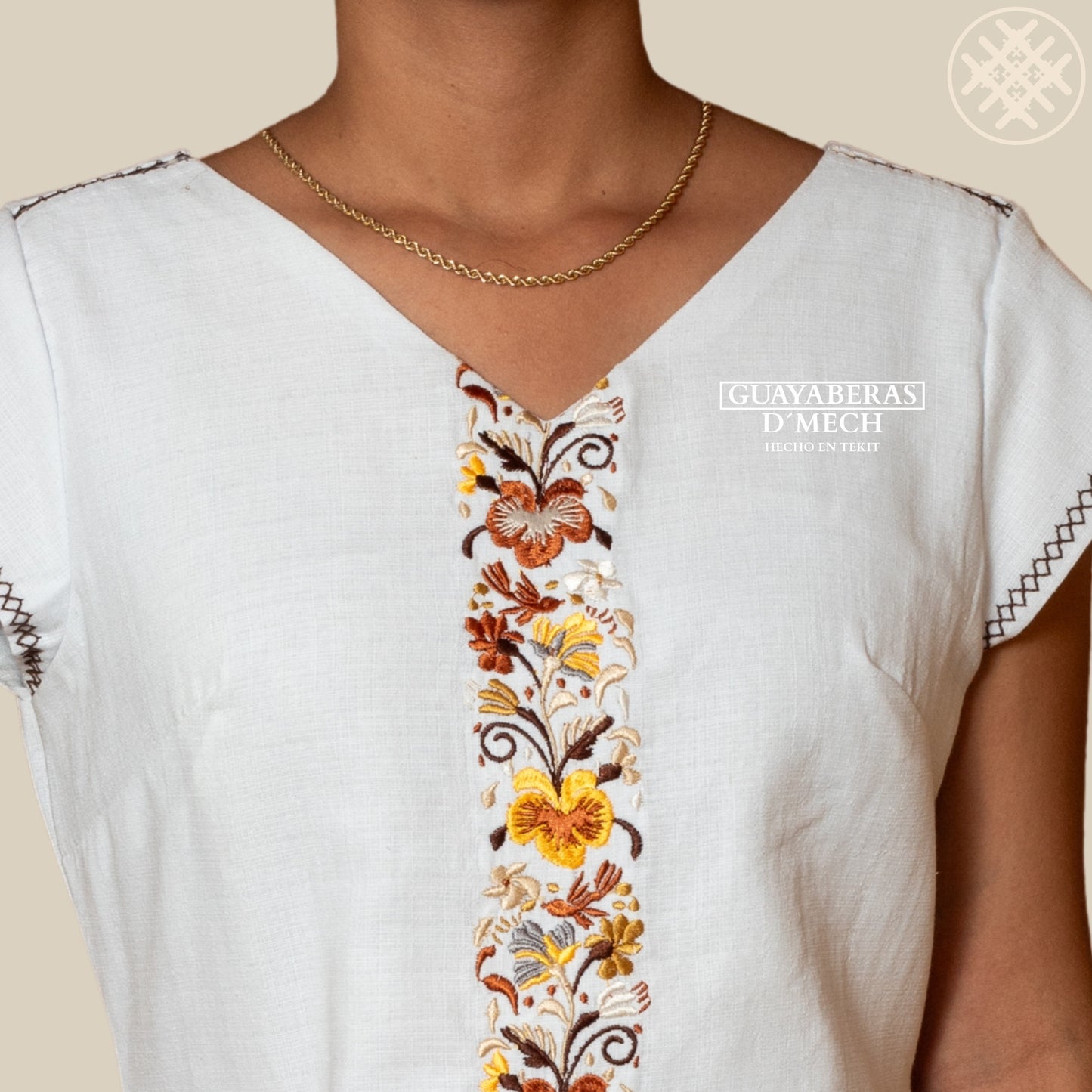 Vestido Bordado de Dama Colibrí Café en Tela Lino Flame