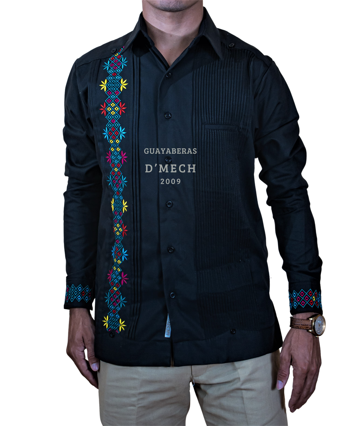 Guayabera Caballero Piña Manga Larga Con Bordado de Colores