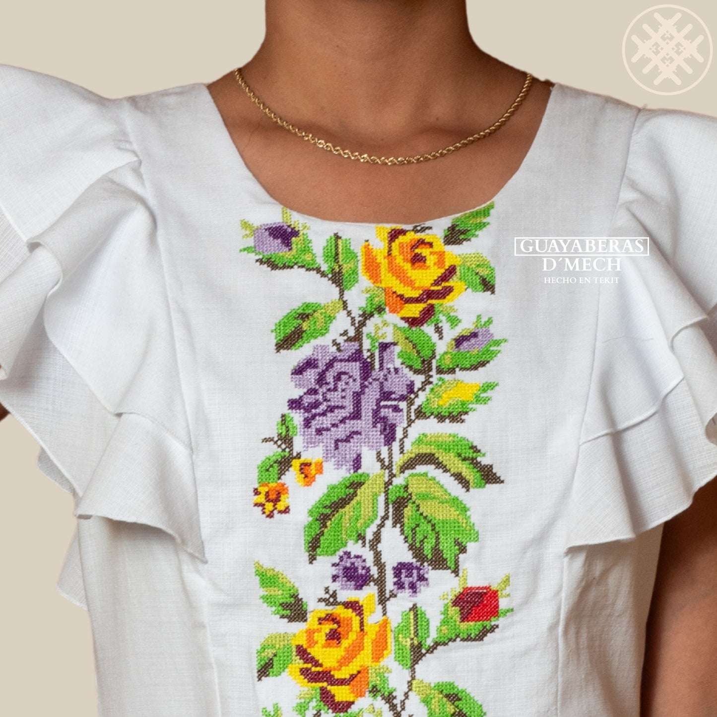 Vestido Bordado de Dama Primavera Bordado Rosas Matizado en Tela Lino Flame