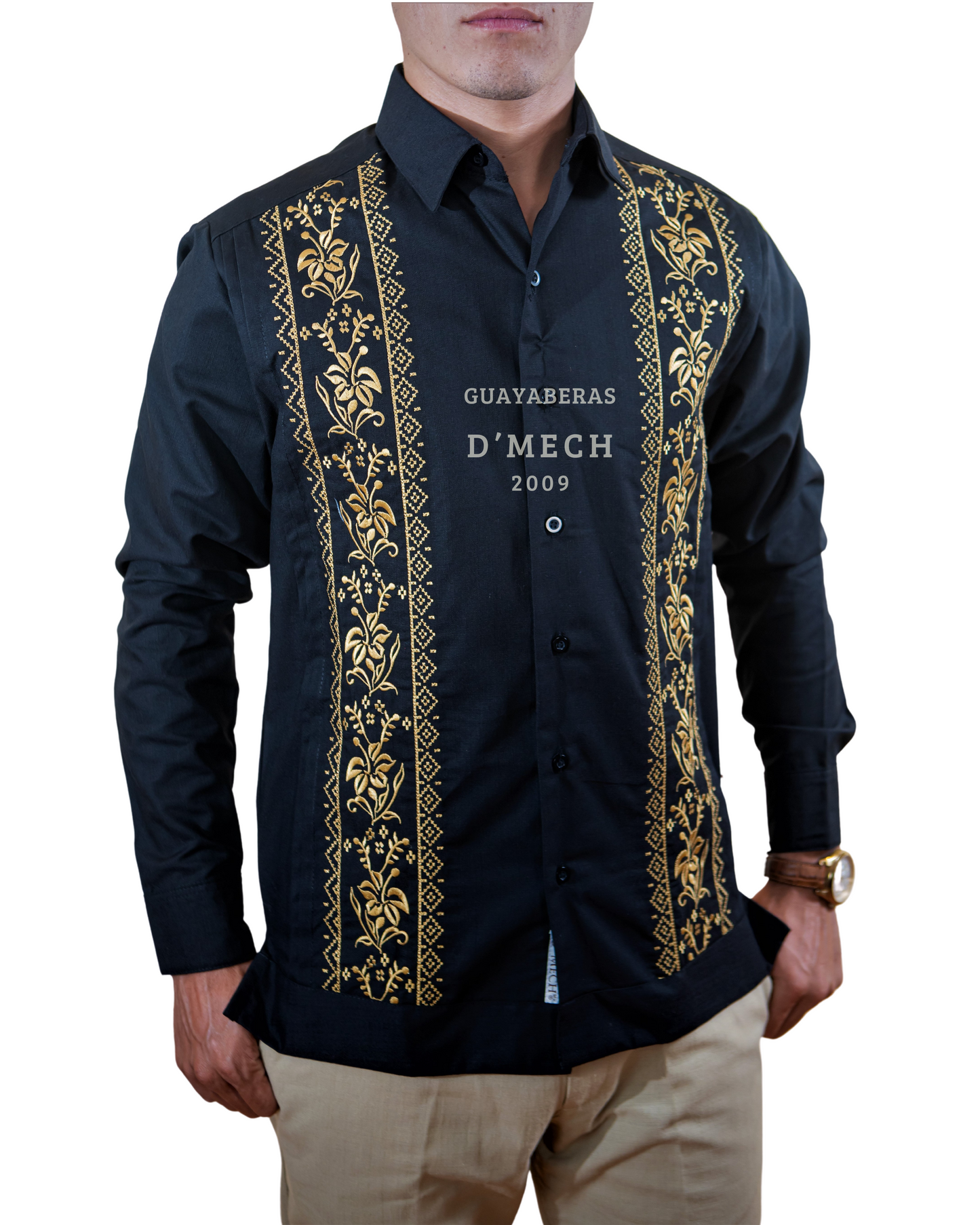 Guayabera Caballero Negra Manga Larga Con Bordado de Flores de Calabaza