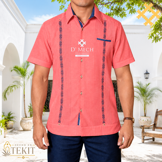 Men's Guayabera Coral Long Sleeve with Marine Embroidery