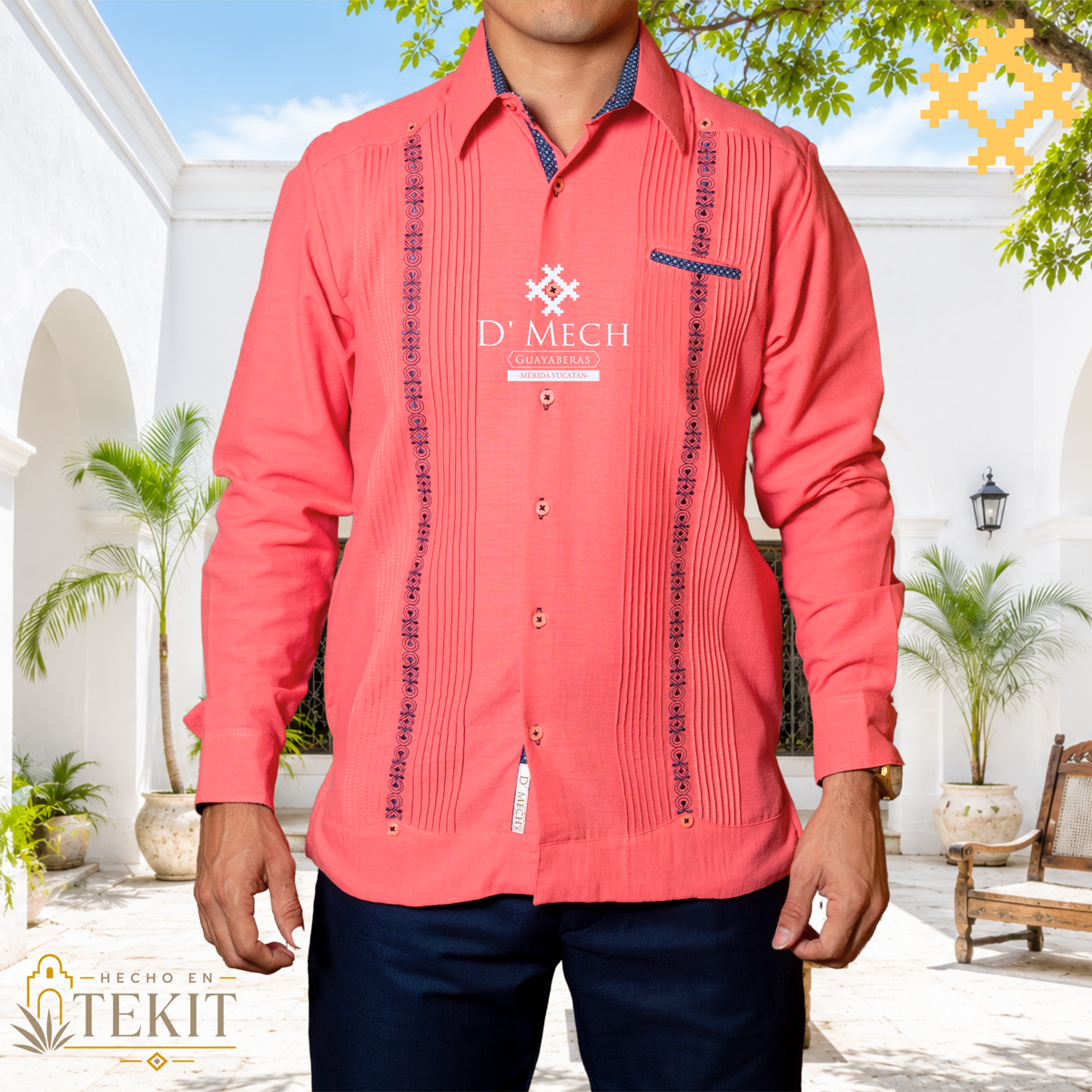Men's Guayabera Coral Long Sleeve with Marine Embroidery