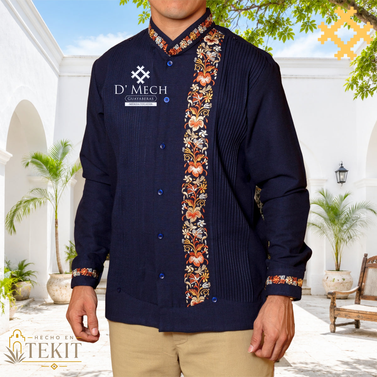 Men's Guayabera Navy Hummingbird Long Sleeve with Embroidery Brown