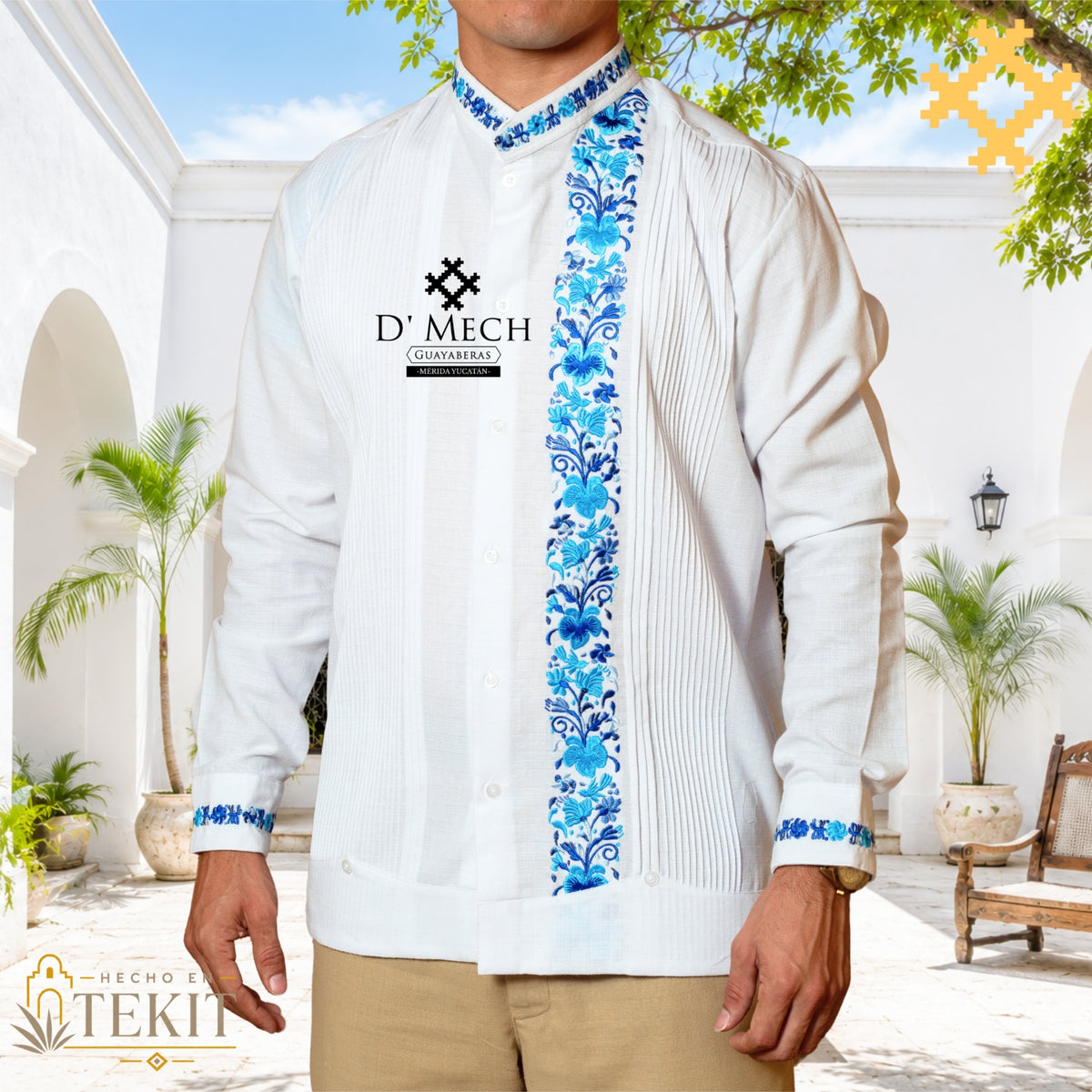 Men's Guayabera Hummingbird Long Sleeve with Blue Embroidery