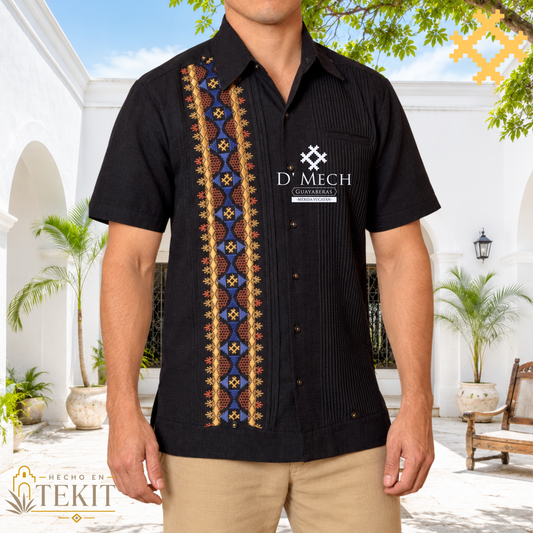 Black Men's Guayabera Long Sleeve with Pumpkin Flower Embroidery