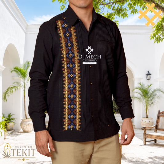 Black Men's Guayabera Long Sleeve with Pumpkin Flower Embroidery