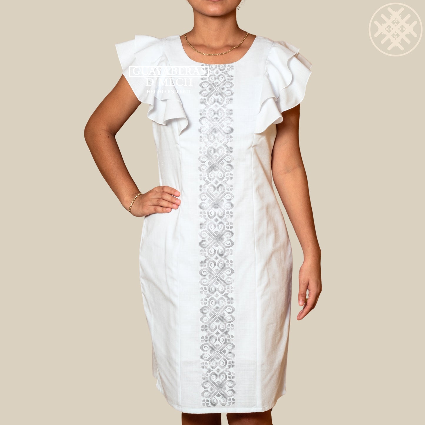 Vestido Bordado de Dama Izamal Bordado Gris en Tela Lino Flame