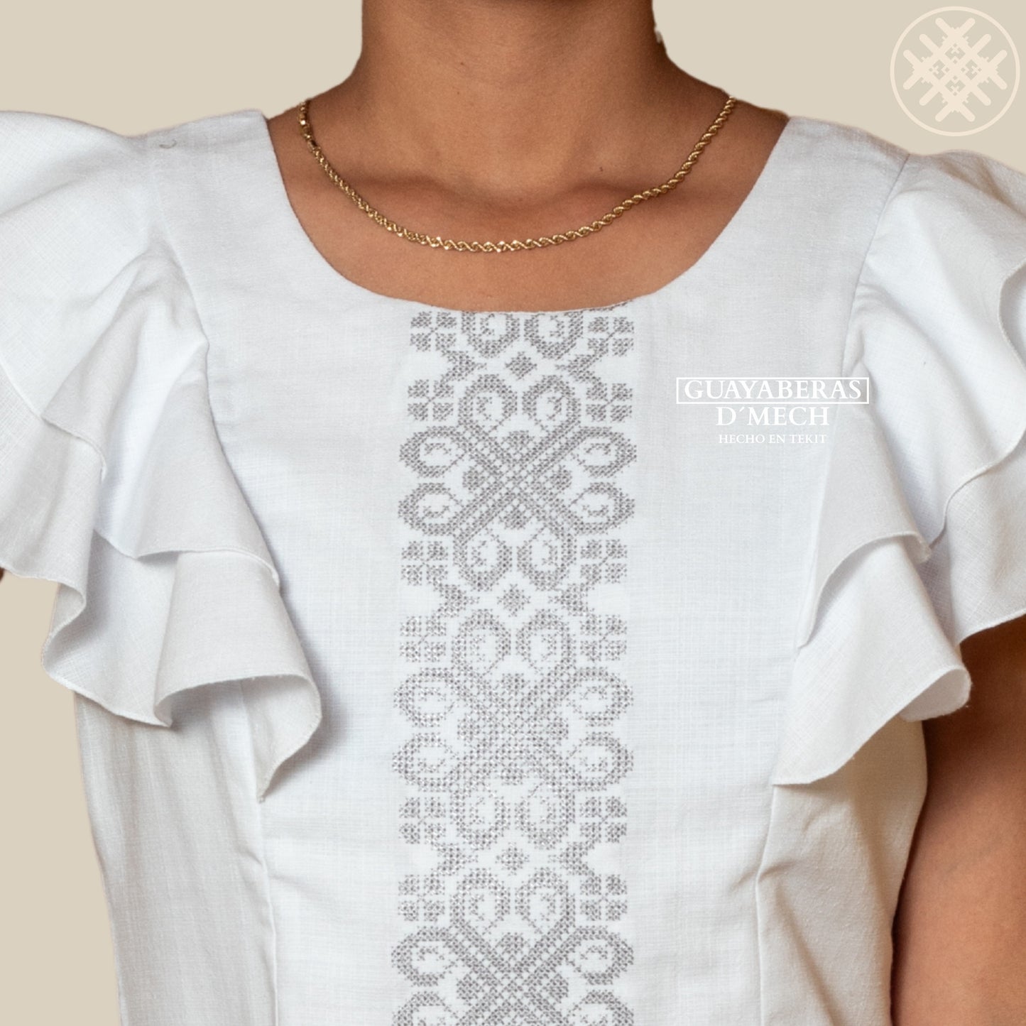 Vestido Bordado de Dama Izamal Bordado Gris en Tela Lino Flame