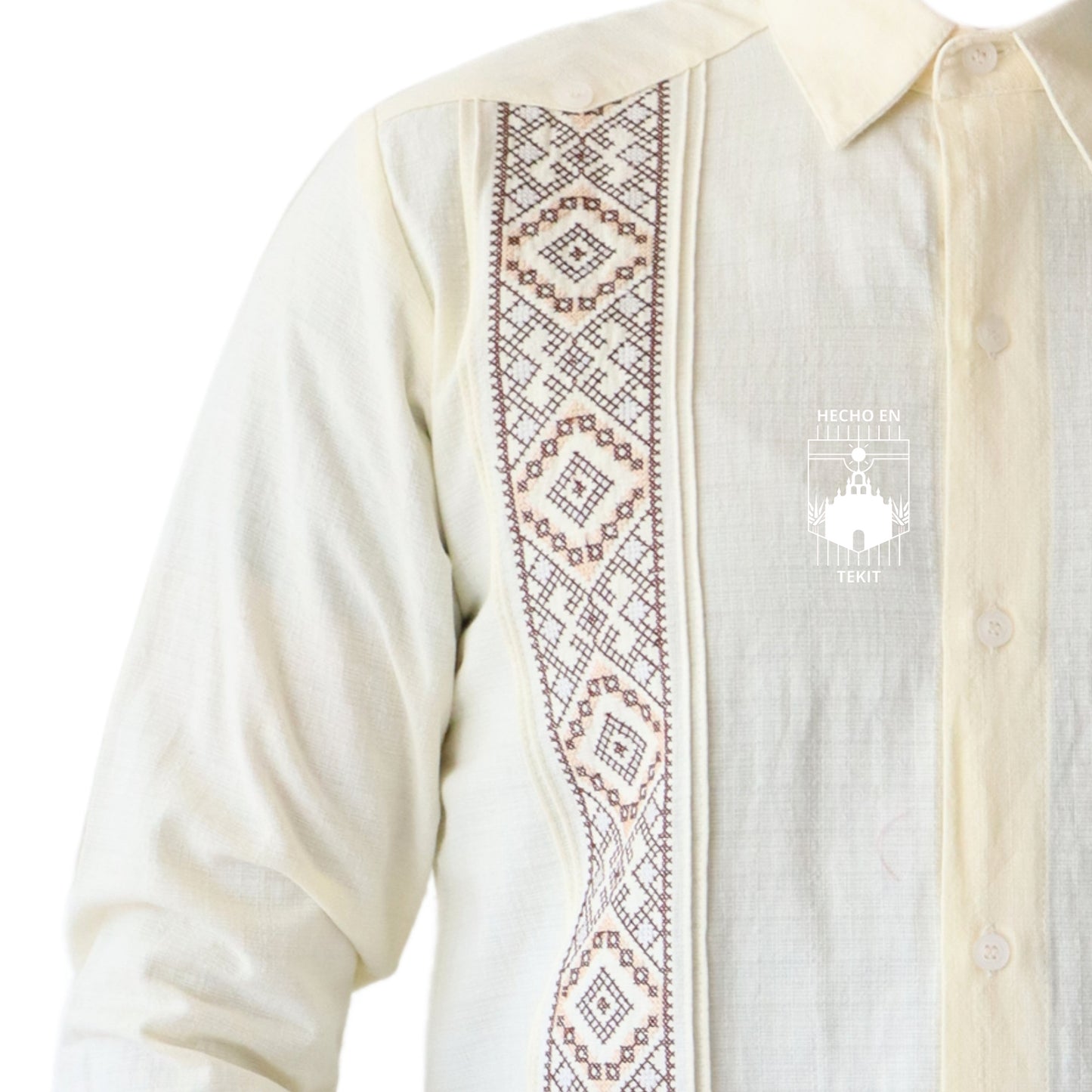 Guayabera Hueso Caballero Calderon Manga Larga Con Bordado Cafe