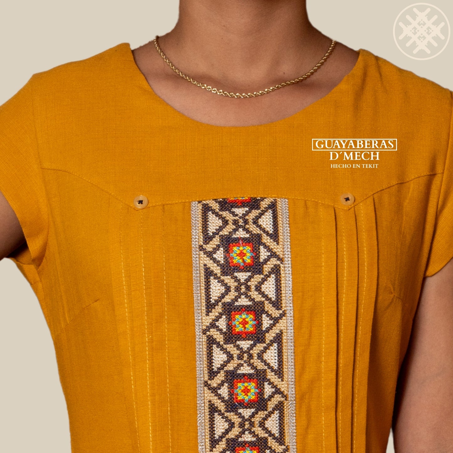 Vestido Bordado de Dama Uxmal, en Tela Lino Flame