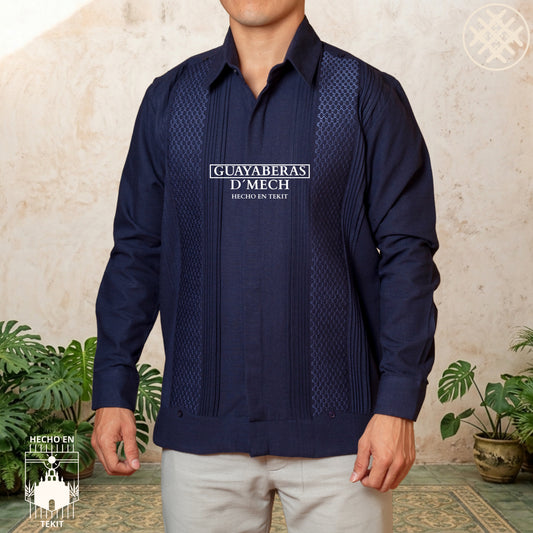 Chemise guayabera nid d'abeille marine